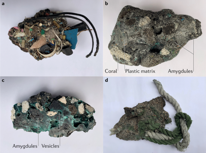 Samples of Kamilo Beach plastiglomerate, exhibiting natural and human-made materials held together in a plastic matrix.